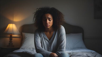 Stressed black woman sitting sad in bedroom, facing major depressive disorder