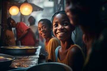Poor African children waiting for food in the rain 1 - obrazy, fototapety, plakaty