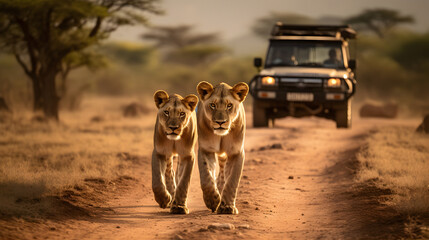 Two lionesses walk on dirt road in front of safari jeep - obrazy, fototapety, plakaty