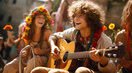 Young hippie girls and boys singing songs and playing guitar at a flower power festival - obrazy, fototapety, plakaty