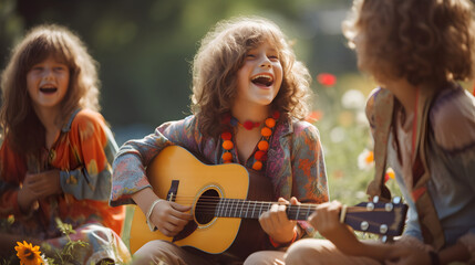 Young hippie kids playing guitar and singing songs at a flower power festival - obrazy, fototapety, plakaty