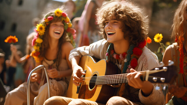 Young hippie girls and boys singing songs and playing guitar at a flower power festival