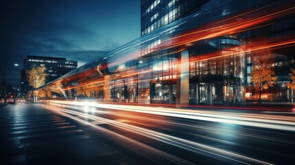 Light trails on the modern building background. Light trails at night in urban environment, Abstract Motion Blur City, traffic, transportation, street, road, speed.
