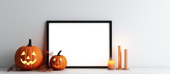 Halloween decorations on a table near a light wall with a blank frame With copyspace for text