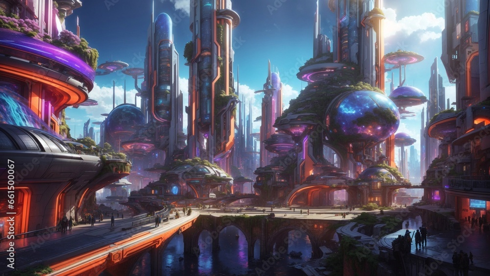Poster 3d rendering of abstract neon mega city cyberpunk with light reflection from puddles on street