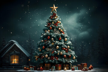 christmas tree decorations, santa claus with gifts, snowman in the snow, christmas gift boxes	