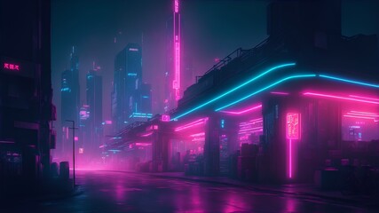 neon lights and signs in a futuristic cyberpunk city. futuristic structures in a cyberpunk city - obrazy, fototapety, plakaty
