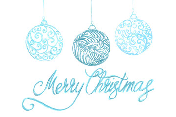 Background with of pastel chalk sketch illustration of blue filigree frost ornamental christmas balls with curls and handwritten words "merry christmas" as design element for cards; invitation; 