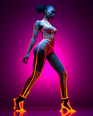 African woman in neon sportswear for fitness and training in the style of futuristic pop, luminous color palette