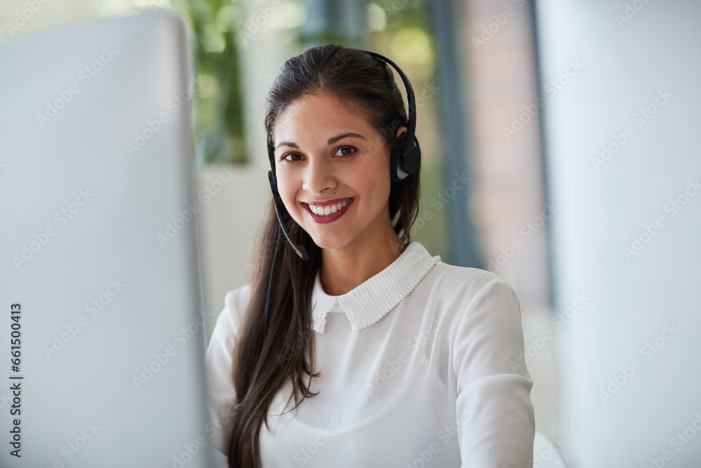 Poster consultant, woman and call center portrait for communication, customer service and e commerce suppor