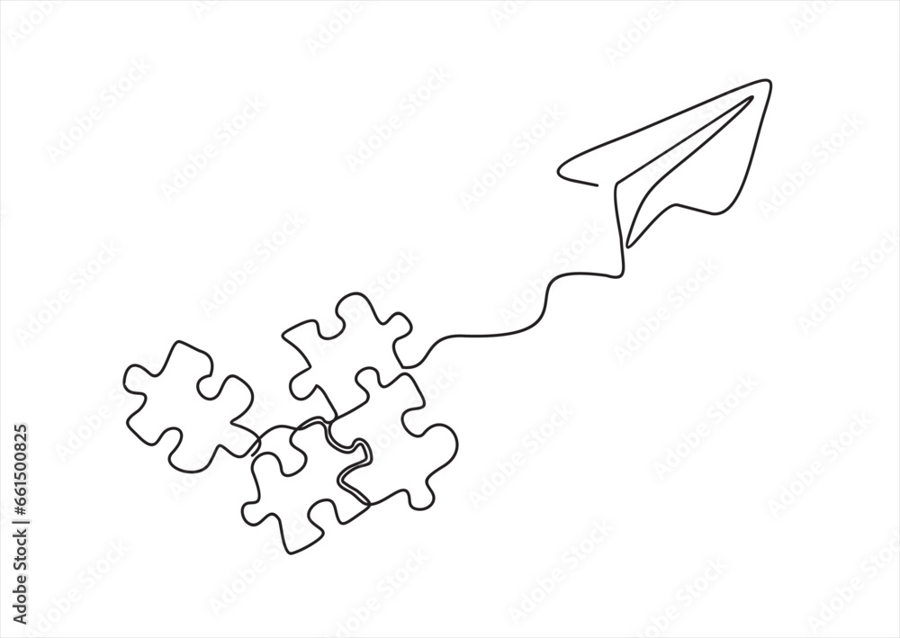 Poster continuous one line drawing of a groupe piece jigsaw and paper plane on a white background. puzzle g