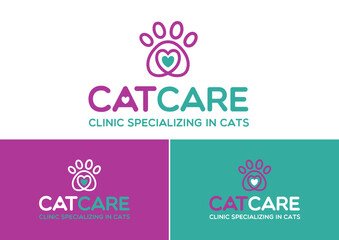 Logo Company Cat Paw Care Design Clinic Specializing Vet Veterinary Animal visual identity brand purple green violet cute love heart