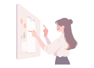 A businesswoman standing in front of a PowerPoint presentation. 