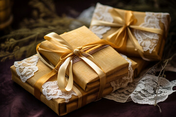Ochre And Gold Gifts Wrapped With Lace And Burlap