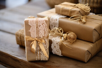 Fototapeta na wymiar Ochre And Gold Gifts Wrapped With Lace And Burlap