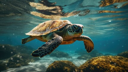 Green turtle swimming underwater ocean