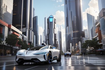 In a bustling metropolis of towering skyscrapers and advanced tech, a futuristic robot confidently navigates a sleek self-driving car, epitomizing the harmonious blend of AI and urban living