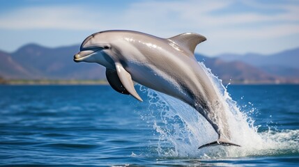 Dolphins jumping on water with beautiful sea view and blue sky