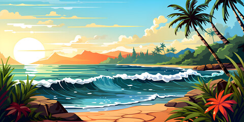 Fototapeta na wymiar Tropical beach with sunset and palm tree