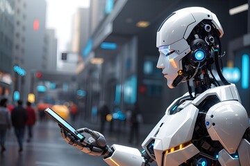 An AI-generated image portrays a futuristic scene where robots and artificial intelligence coexist, symbolizing the seamless integration of technology and automation in a harmonious synergy