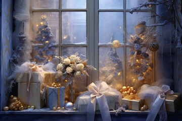 Periwinkle And Gold Presents Under A Frosted Window