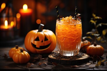 Halloween orange festive drink and pumpkin