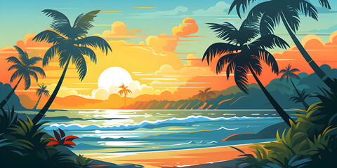 Fototapeta na wymiar tropical sunset with trees background