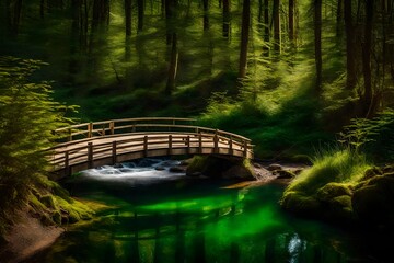 A picture of a green flowerful tranquil forest with a winding river and a small wooden bridge t taken with sony a7m4 shows the Tyndall effect in the sun, sunny days, warm spring --testp --creative 
