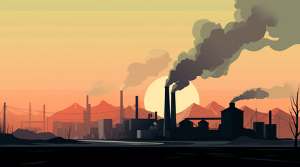 Silhouette of Industrial landscape by sunset with factories and smoking chimneys