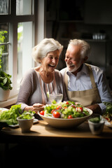 Couple de personnes âgées qui mange des légumes. Repas sain et équilibré à base de légumes.