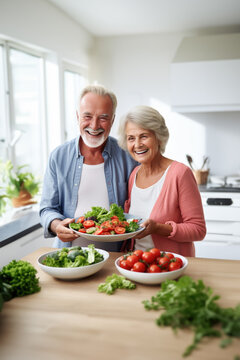 Couple de personnes âgées qui mange des légumes. Repas sain et équilibré à base de légumes.