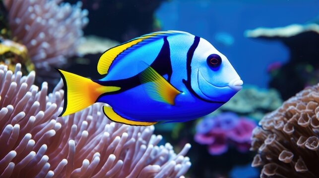 Blue tang, surgeon fish with anemone background