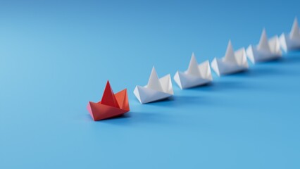 Different business concept.new ideas. paper art style. creative idea.Leadership concept, red leader boat leading white boats.3D rendering on blue background.
