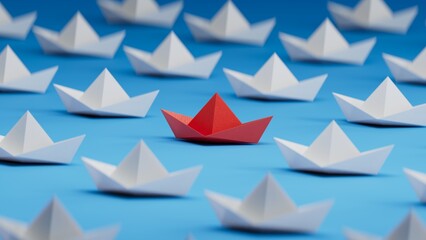 Different business concept.new ideas. paper art style. creative idea. red leader boat, standing out from the crowd of white boats.3D rendering on blue background.
