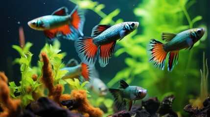 Aquarium, guppy fish, goldfish with green plants, beautiful underwater life