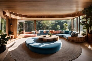 High resolution photography interior design, dreamy sunken living room conversation pit, wooden floor, 