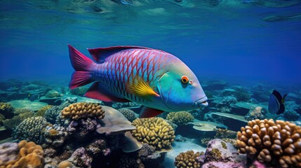 Naklejka na ściany i meble parrot fish with his beautiful underwater ecosystem