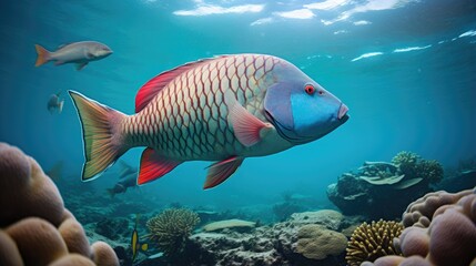 parrot fish with his beautiful underwater ecosystem - obrazy, fototapety, plakaty