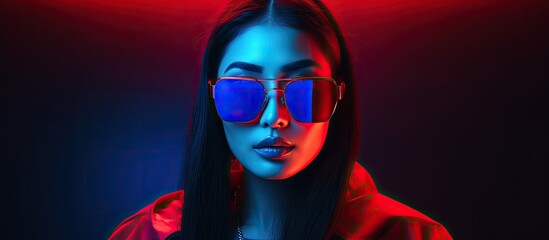 Futuristic cyber portrait of stylish Asian girl in neon glasses
