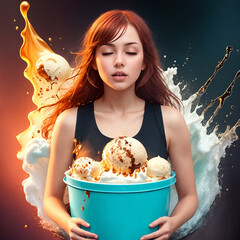 a woman with eyes closed holds a bucket of ice cream. splashes of ice cream and caramel in the background