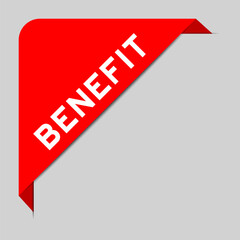 Red color of corner label banner with word benefit on gray background