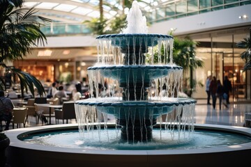 water fountain centerpiece in a mall - Mall Oasis - AI Generated - obrazy, fototapety, plakaty
