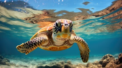 Sea turtle swims under water on the coral reefs