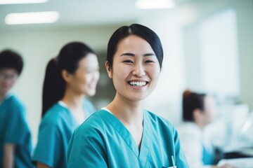 Obraz premium Nurse Smiling - Hospital staff sharing a light moment in the break room - Break Room at the Hospital - AI Generated