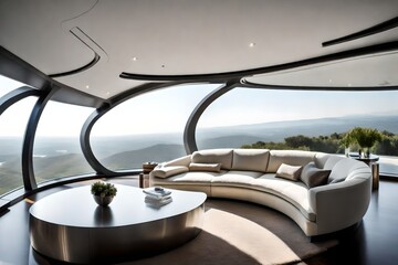 In the living room of this sleek and modern space ship, a large window takes up an entire wall, 