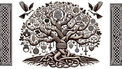 Illustration of a robust tree of life intertwined with Celtic symbols