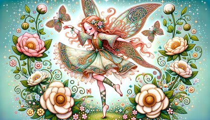 Illustration of a whimsical fairy dancing amidst flowers