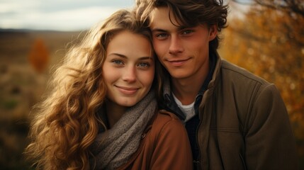 Obraz premium a warm portrait of a couple in love in gray fall