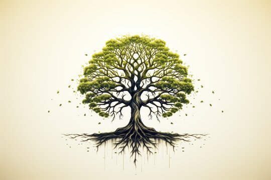 Tree with deep roots - Sustainability Symbolism - Illustration - AI Generated