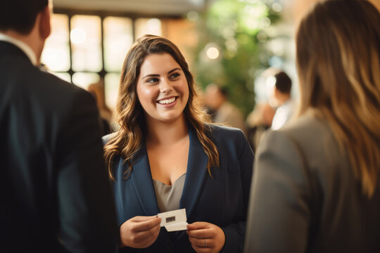 Plus-size business professional networking at a corporate event, exchanging business cards - Building Connections - AI Generated